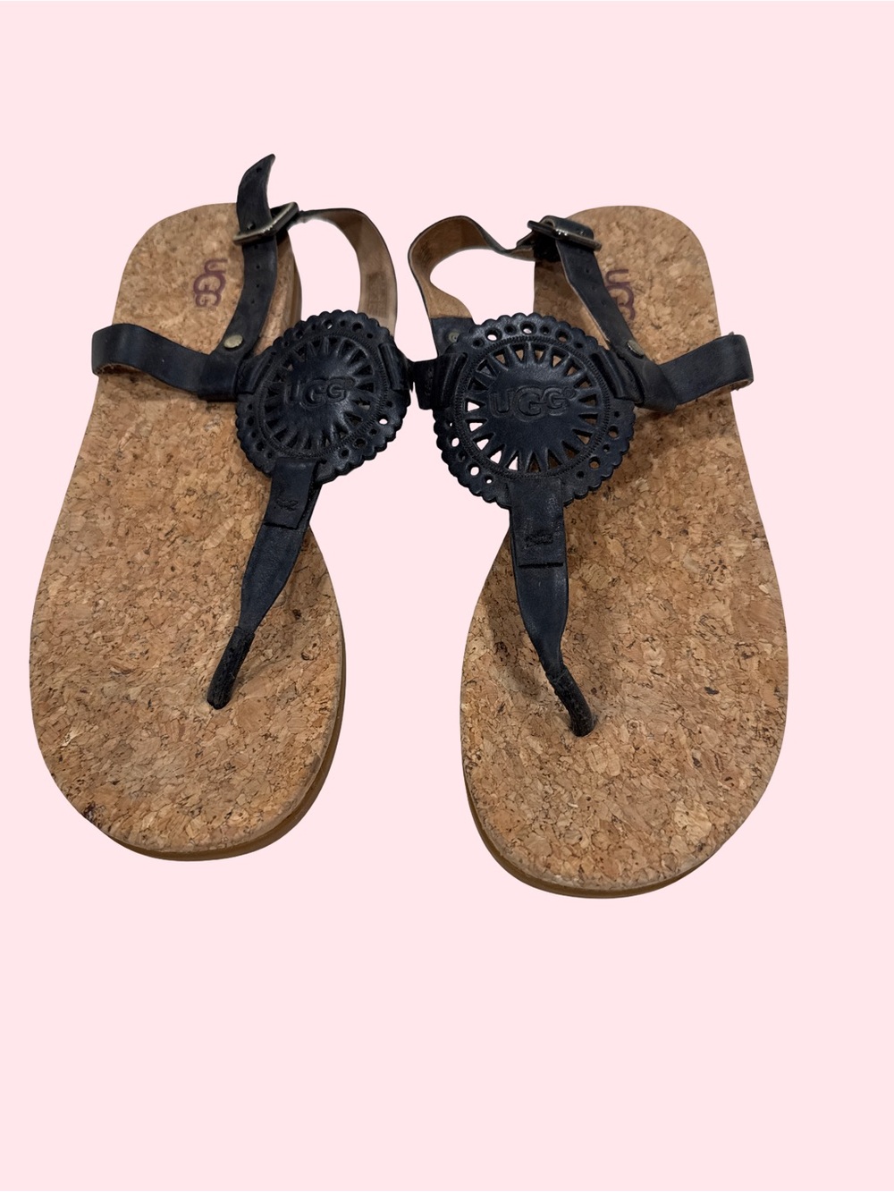 UGG Black Leather Cork Thong Sandals with Medallion Accent